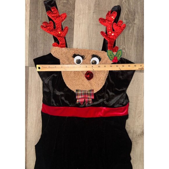 Reindeer Face Girls Velvet Christmas Jumpsuit L (11/13) With Red Sequin Antlers - Picture 5 of 6